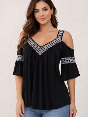 GG Collection Black Cold-Shoulder Embroidered V-Neck Top